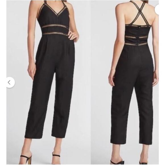 Express Washable Linen Blend Jumpsuit with Sheer Lace Details - Picture 1 of 6